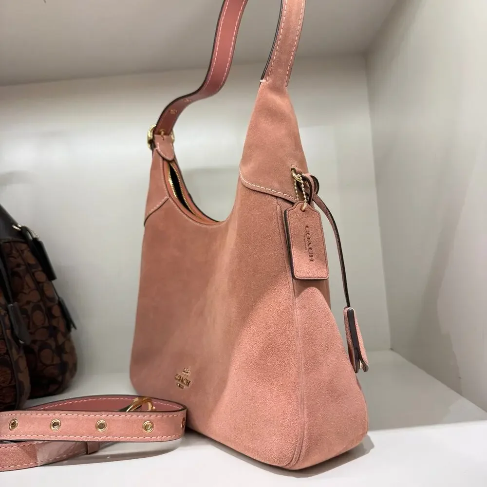 NEW‼️Coach Ella Shoulder Bag CET38  suede/Gold/Blush Pink